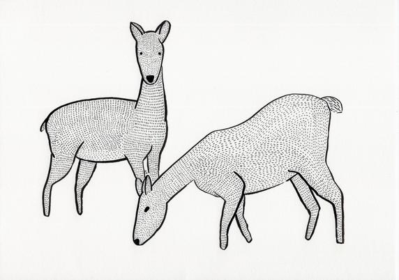 drawing of two deer, one looking at us (breaking the 4th wall), one eating on the ground. here, the eyes are different, they are just dots, and the fur is drawn more regularly