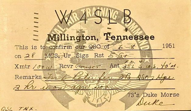 A QSL card from W4SLB to W4SMA from a QSO in June of 1951.