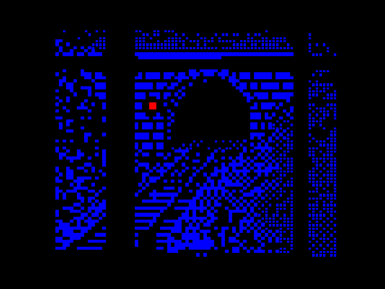 Teletext artwork of a tunnel portal with a glowing red lamp, viewed through the panes of a window at night