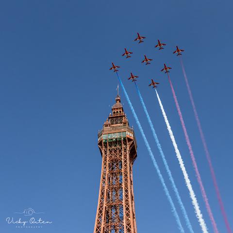 Red arrows arriving at Blackpool Airshow on Sunday 11/08/24 
Nine Red arrows flying over Blackpool Tower