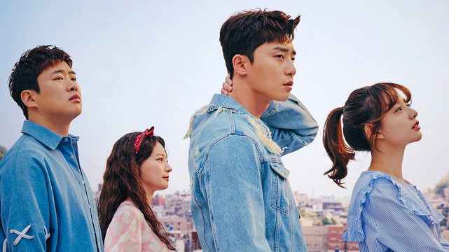 Still from 2017 South Korean drama "Fight for My Way." All 4 leads standing with their right shoulders facing the camera. From left to right, Ahn Jae Hong, Song Ha Yoon, Park Seo Joon, & Kim Ji Won