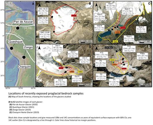 annotated maps - locations of recently exposed proglacial bedrock samples