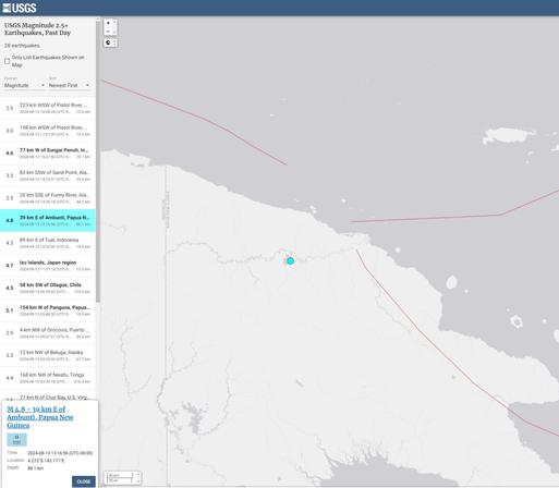 web map screen shot - M4.8 39km  east of Ambunti, PNG