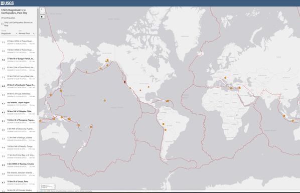 web map screen shot - all earthquakes globally > 2.5 in, last 24 hours from evening of August 13th 2024
