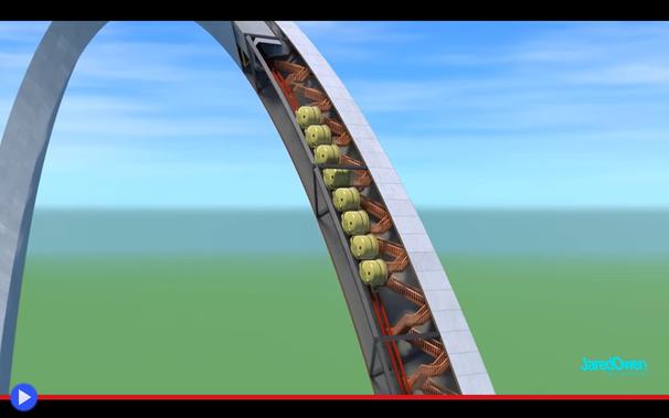 Spaccato in CG del Gateway Arch di St. Louis mostra il treno e le scale che permettono di raggiungerne la sommità.