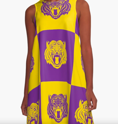 Our purple and gold tiger mascot is shown on an A line cute dress!