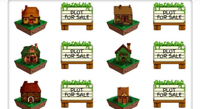 Photo featuring several pixel art houses sitting on a floating plot of turf with 'Plot For Sale' signs next to them.
