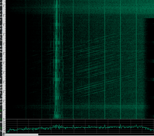 Sonagramm made with baudline, showing many reflections on VHF, probably coming from a swarm of satellites.