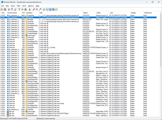 Procmon log of openssl.cnf being read with System privileges, leading to the spawning of calc.exe with System privileges.