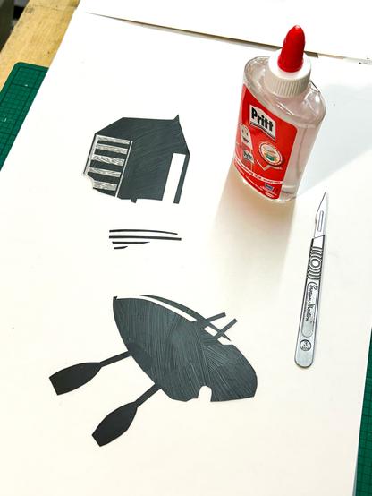 A hand made stencil for a screenprint, made from polyester sheet cut out in various shapes and painted black.