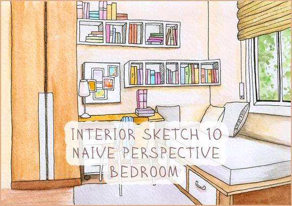 Sketch interior illustration 10. Bedroom, naive art. Watercolor and liner. Naive perspective, sketchbook.