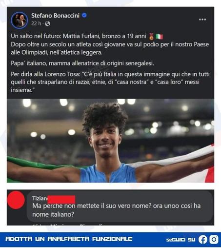 Mattia Furlani, bronzo a 19 anni, papa’ italiano e mamma allenatrice di origini senegalesi
Commento analfabeta funzionale Ma perche non mettete il suo vero nome? ora unoo cosi ha nome italiano?