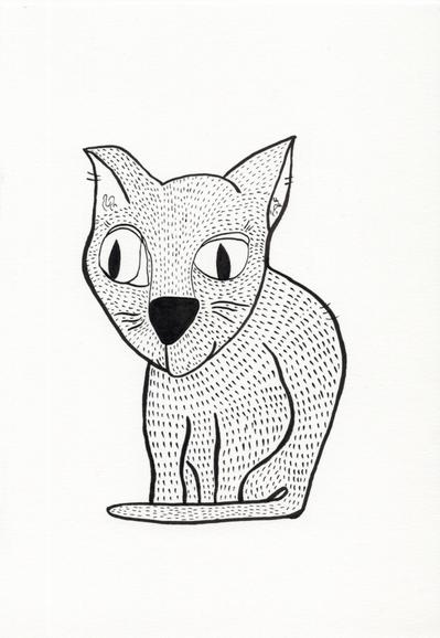 cat drawing with thick black bsruh outlines and thin regular fur structure, big nose, weird eyes, based on a drawing of my cat from 2007