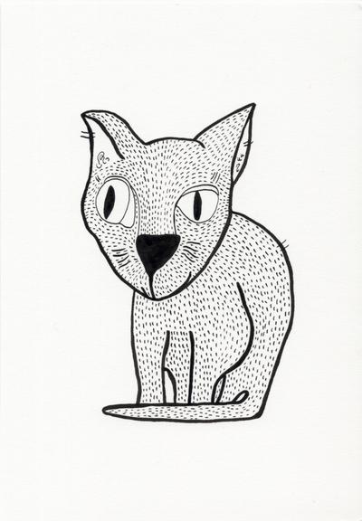 cat drawing with thick black bsruh outlines and thin regular fur structure, big nose, weird eyes, based on a drawing of my cat from 2007