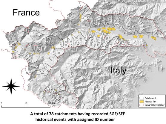 map - A total of 78 catchments having recorded SGF/SFF historical events with assigned ID number.