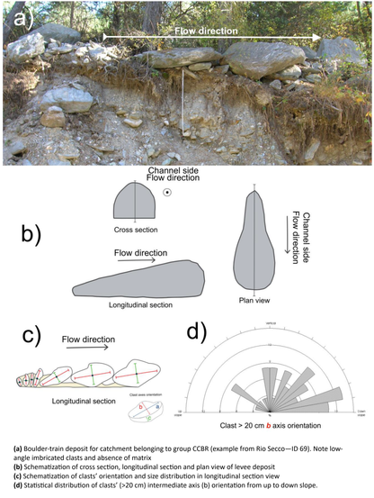 photo and schematics - (a) Boulder-train deposit for catchment belonging to group CCBR (example from Rio Secco—ID 69). Note low-angle imbricated clasts and absence of matrix. (b) Schematization of cross section, longitudinal section and plan view of levee deposit. (c) Schematization of clasts’ orientation and size distribution in longitudinal section view. (d) Statistical distribution of clasts’ (>20 cm) intermediate axis (b) orientation from up to down slope.