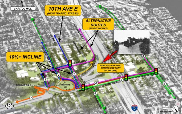 Map of the Roanoke Lid area of the 520 project with grades of possible bike routes listed. All include a 10% climb except the path. The historic photo is added in an approximate location nearby.