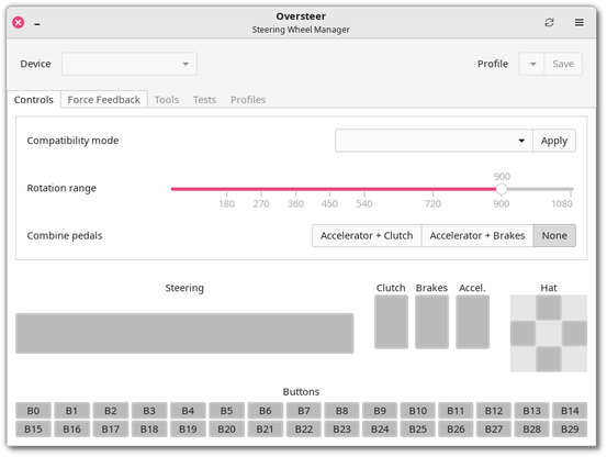 🕶️ A view of its UI, with a "Device" and "Profile" selector at the top, and several tabs underneath: "Controls", "Force Feedback", "Tools", "Tests" and "Profiles". The "Controls" tab is activated (too bad there's no photo of a steering wheel), with 2 zones, in the middle a selection/setting zone, below a zone displaying feedback from buttons and variables.

📚️ Oversteer is a libre steering wheel manager (Logitech, Thrustmaster, Fanatec), based on the use of available kernel modules and external modules (when available). Among other things, it allows you to change their rotation range, combine throttle and brake pedals for games that use a single axis, change the auto-centering force, force feedback gain, set system permissions to use them, change the emulation mode, test their performance, and create configuration profiles.