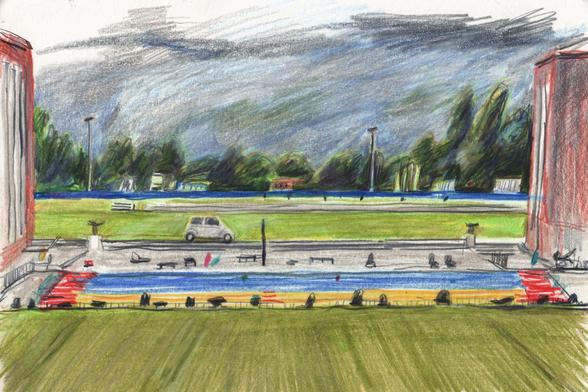 Sports ground with dark clouds