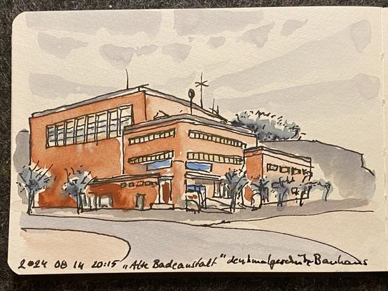 A coloured Sketch of a Building composed from some rectangles in a brickstone red.
