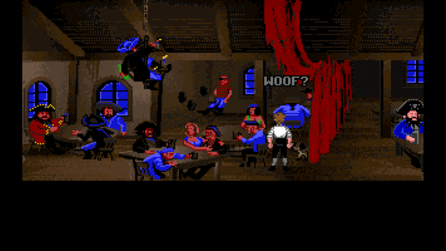 Screenshot of Monkey Island in the Scumm Bar, talking to a dog. The dog is saying 'WOOF?'