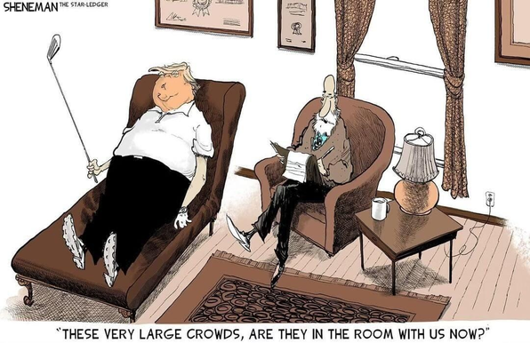 Meme of Trump lying on a couch in a psychiatrist's office in his golfing clothes and holding a golf club. The psychiatrist is sitting in a chair next to the couch and asks: These very large crowds, are they in the room with us now?