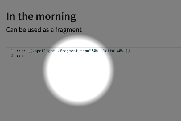 screenshot of quarto revealjs slides, a circle containing highlighted area of slide, the rest is a faded grey color