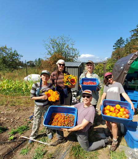 Group photo of me with 3 other farm harvest volunteers & Ardeo. We are holding flowers & strawberries & tomatoes harvested at the farm this morning. Crop fields are beside us.