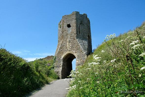 view to a gate tower at dover castle with flowers on the right and left and a blue sky above.