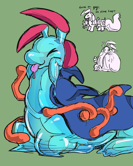 drawing of a blue quadrupedal slug-like slime creature. it has orange tentacles on its sides. there are smaller doodles next to it, one of it picking up some people with its tentacles and one of someone being squished inside its big gooey tail
