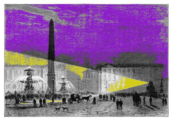 Erstes öffentliches elektrisches Beleuchtungsexperiment in Paris, am Place de la Concorde, durchgeführt von Deleuil und Léon Foucault, Dezember 1844. Eine kleine, in lockeren Gruppen versammelte Menschenmenge ist gekommen, um dem Ereignis beizuwohnen, während Kutschen vorbeifahren und ihren üblichen Geschäften nachgehen. Der Himmel ist lila und das Licht gelb, was passend zum Stil von Into the Odd ist.