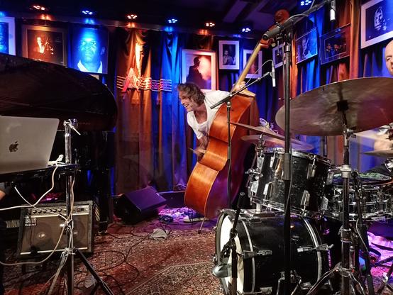 Der Bassist spielt exzessiv und sehr körperlich