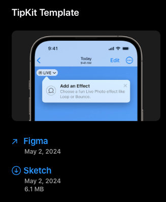 The Apple Human Interface Guidelines website on the TipKit Template section showing an iPhone with no notch or no pill