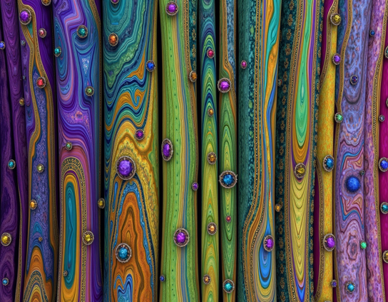 Rounded objects fit together in vertical strips, marbled intricately in a full spectrum of layered colors, richly embellished with gemstones.