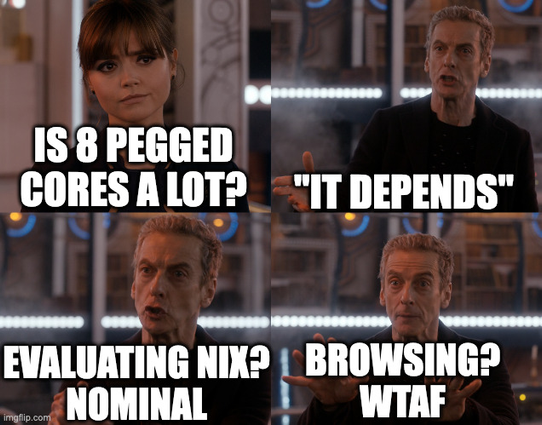 dr who:
"is 8 pegged cores a lot?"
"it depends"
"evaluating nix? nominal"
"Browsing? WTAF"