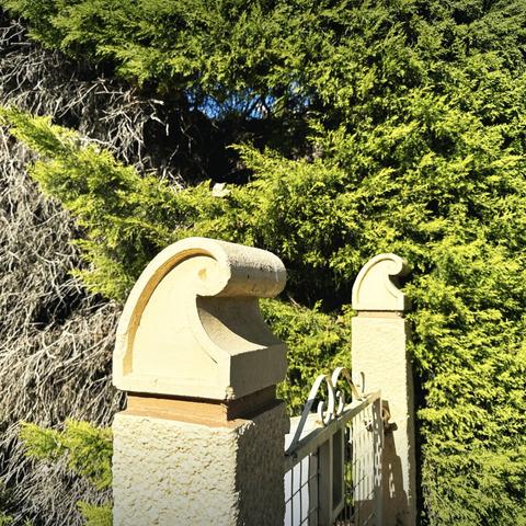 a small, yellow wave-shaped thing atop a post next to an old gate in front of a country property. Another one is in the distance, on the other side of the gate. Beyond, a green tree.