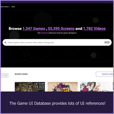 A screenshot of the webpage www.gameuidatabase.com, advertising that you can find browse 1,347 Games , 55,395 Screens and 1,782 Videos, claiming the title of the "The Ultimate reference tool for game designers." Caption: The Game UI Database provides lots of UI references!