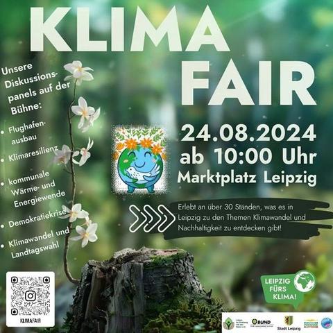 Klima Fair am 24.08.2024, 10 Uhr Marktplatz Leipzig.

Diskussionspanels auf der Bühne:
Flughafen-Ausbau, Klimaresilienz, kommunale Wärme- und Energiewende, Demokratiekrise, und Klimawandel und Landtagswahl.