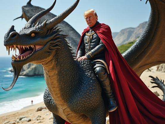 Donald Trump su un drago (immagine creata con IA).