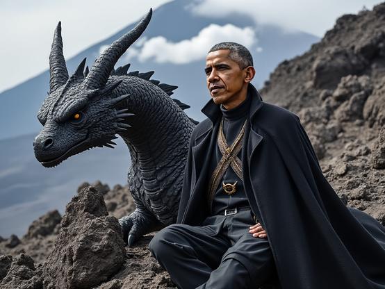 Barack Obama su un drago (immagine creata con IA).
