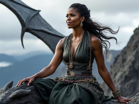 Michelle Obama su un drago (immagine creata con IA).
