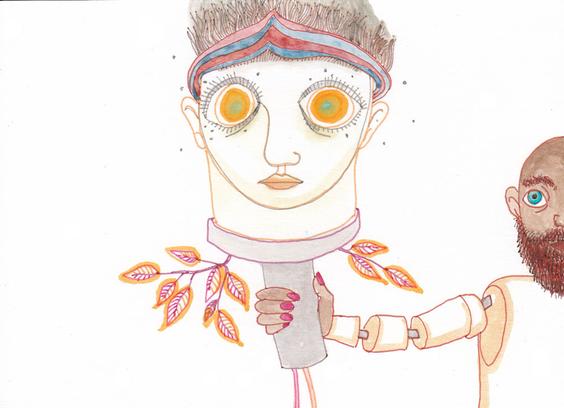 Drawing of a bearded man with an articulated arm holding a strange head with large staring eyes and leaves coming out of its neck.