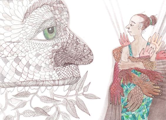 Drawing: A large scaled face with no lower jaw and leaves coming out of its mouth looks vacantly at an unimpressed young woman covered in hands.