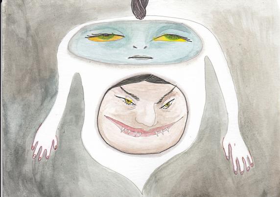 Drawing: A zoned out person with yellow eyes and no limbs except for their arms, drifts in a grey space. There's a mean looking person with sharp teeth in their tummy.