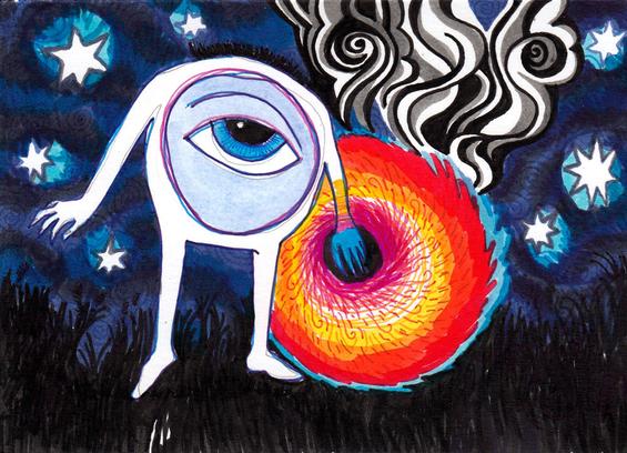 Drawing - an eyeball with limbs conjuring up a smoking fireball in a field at night under a starry sky.