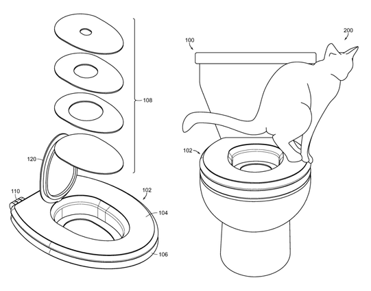 Patent drawings including a cat squatting over a toilet.