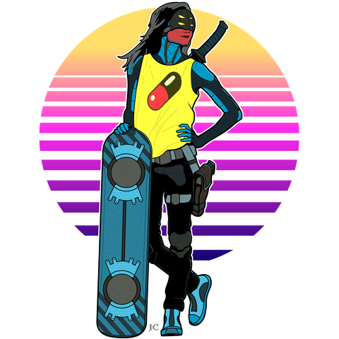Cyberpunk girl with a hoverboard in front of a synthwave sunset