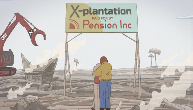 Couple devastated by massive clearcut. Sign reads X-Plantation paid for by Pension Inc.