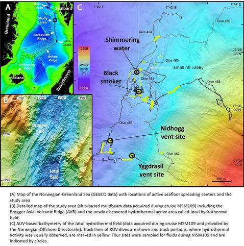 maps - (A) Map of the Norwegian-Greenland Sea (GEBCO data) with locations of active seafloor spreading centers and the study area. (B) Detailed map of the study area (ship-based multibeam data acquired during cruise MSM109) including the Brøgger Axial Volcanic Ridge (AVR) and the newly discovered hydrothermal active area called Jøtul hydrothermal field. (C) AUV-based bathymetry of the Jøtul hydrothermal field (data acquired during cruise MSM109 and provided by the Norwegian Offshore Directorate). Track lines of ROV dives are shown and track portions, where hydrothermal activity was visually observed, are marked in yellow. Four sites were sampled for fluids during MSM109 and are indicated by circles.