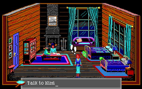 Ein Screenshot des Adventure-Games The Crimson Diamond. Man schaut in ein uriges altes Haus mit Kamin und zwei Betten. Die Grafik ist dem sehr pixeligen EGA-Stil der 80er nachempfunden, inklusiver typisch greller Farbgebung.